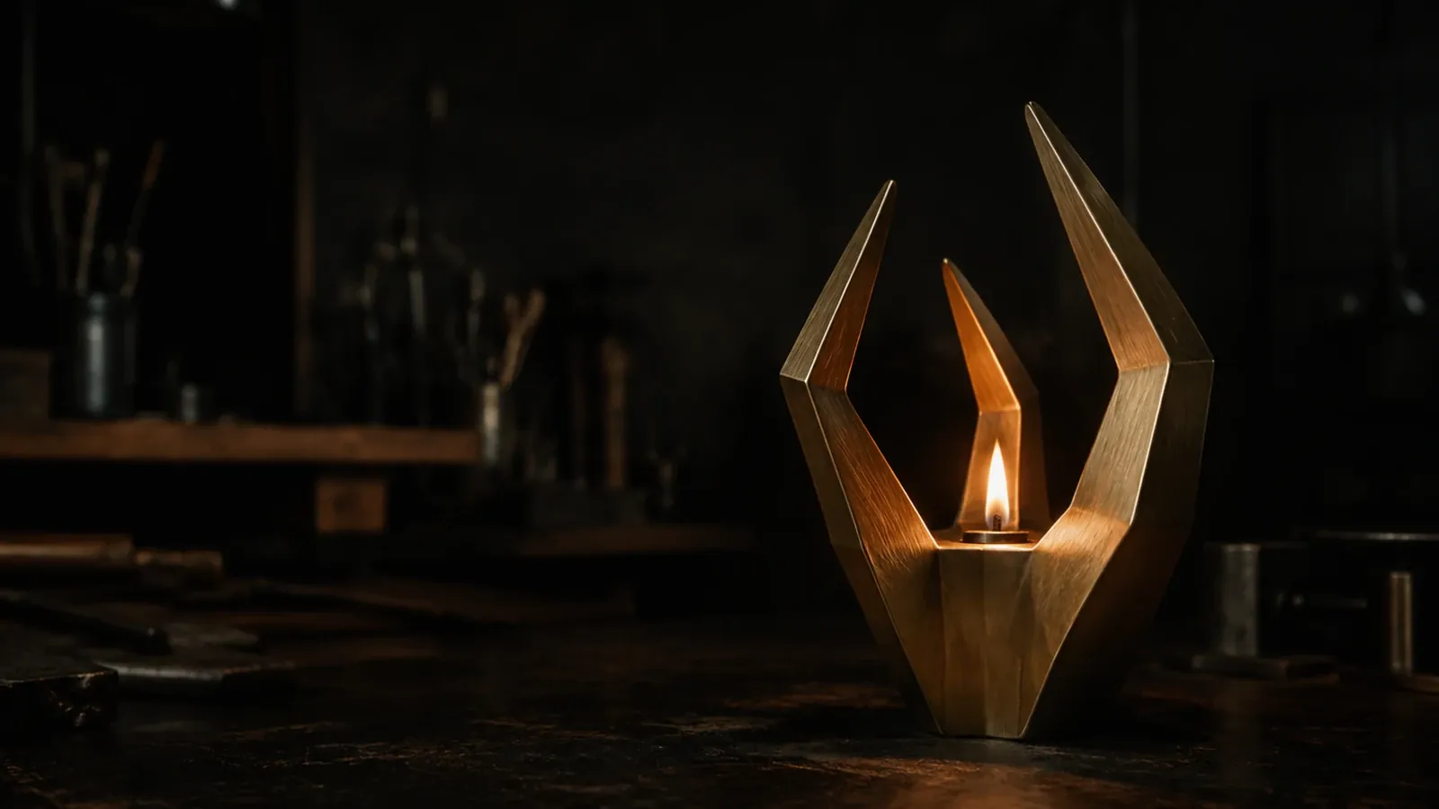 A small gold sculpture of horned, flame-like points on a dark workbench, one flame lit inside it, tools out of focus behind.